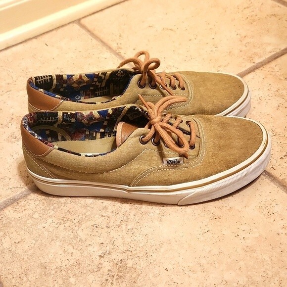 Vans Green Khaki Canvas & Leather Shoes w/ Printed Interior M 8.5 W 10 - Picture 1 of 8